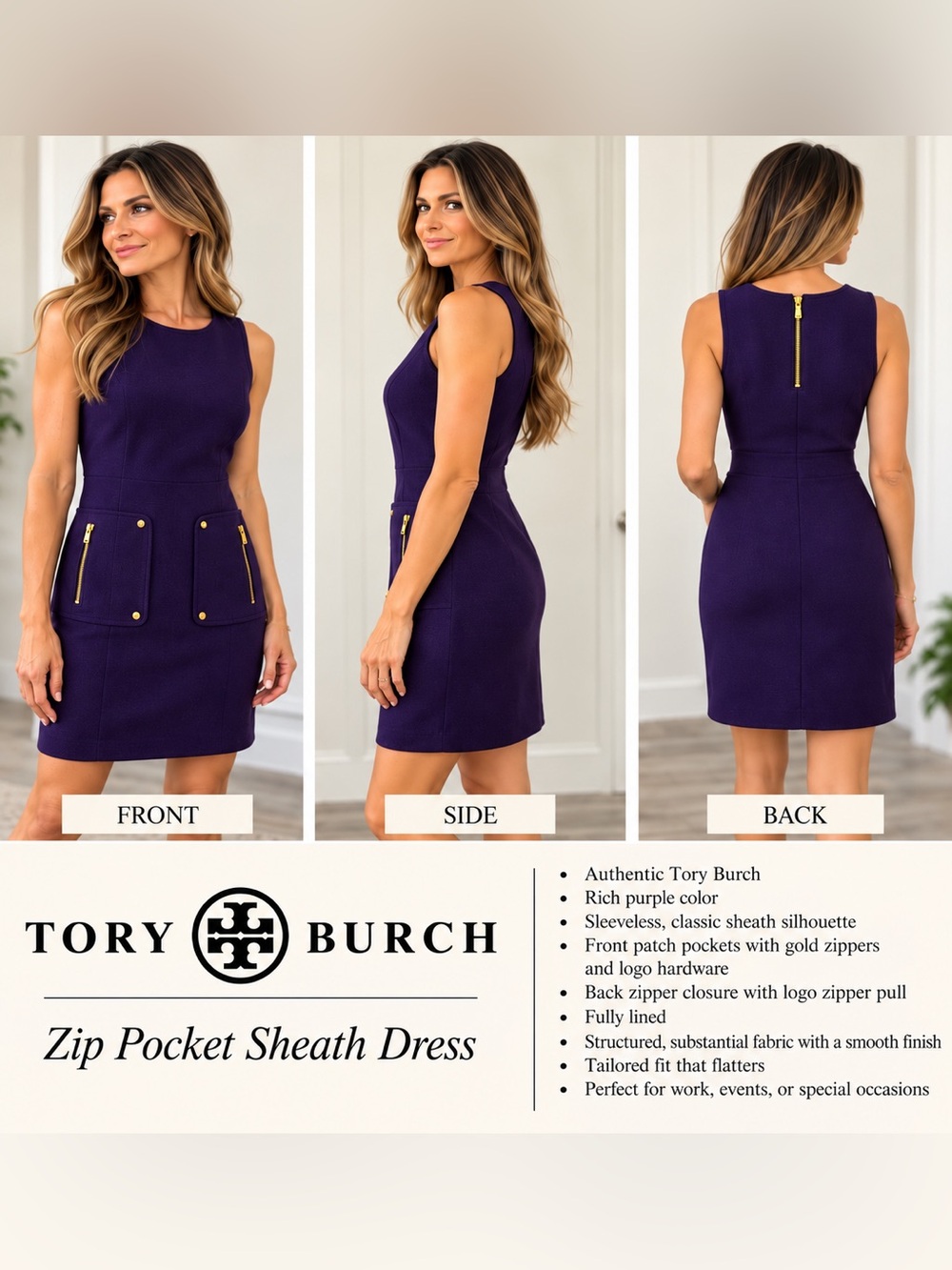 Classy Tory Burch Purple Gold Zip Pocket Sheath Dress Size 2